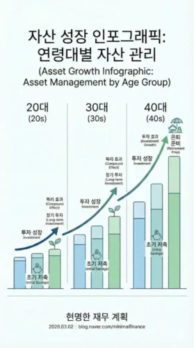 연령별 자산관리 전략에 따른 20대 30대 40대 자산 성장 비교 인포그래픽