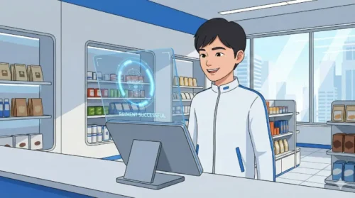 편의점 단말기 앞에서 얼굴 인식으로 간편하게 결제하는 토스 페이스페이 2D 일러스트