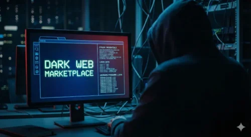 다크웹에서 거래되는 유출 계정 정보와 크리덴셜 스터핑 공격 개념도