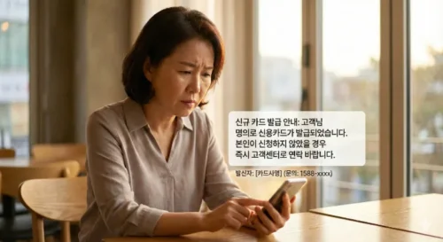 스마트폰으로 의심스러운 카드발급 문자를 확인하는 모습