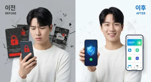 디지털 보안 조치 전후 비교, 안전하게 스마트폰을 사용하는 모습