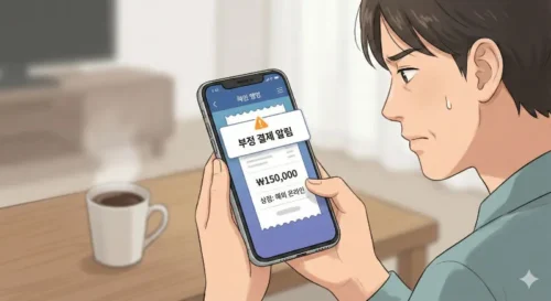 스마트폰에 표시된 G마켓 무단결제 알림을 확인하는 소비자의 모습