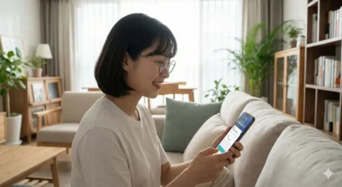 토스뱅크 전월세대출 모바일 앱으로 신청하는 여성