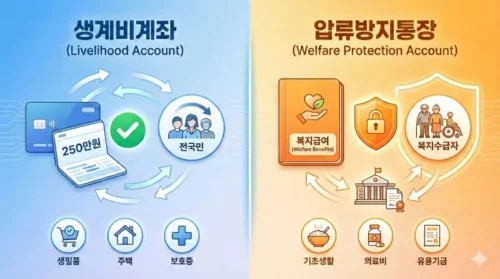 생계비계좌와 압류방지통장 차이점 비교 차트 - 전국민 대상 vs 복지수급자 대상, 보호 한도 및 개설 조건 비교