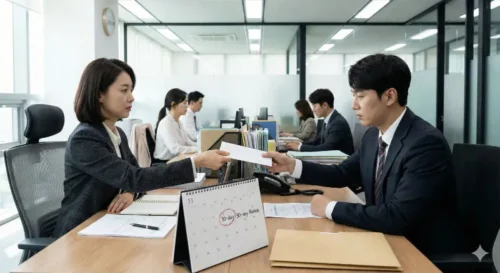 사직서 제출 시기와 법정 통보 기간을 설명하는 이미지, 직장인이 인사팀에 사직서를 제출하는 장면
