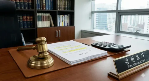 무단 퇴사 시 손해배상 위험을 나타내는 법률 문서와 계산기 이미지