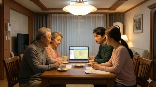 가족이 함께 K-Geo 플랫폼에서 조상 명의 토지를 조회하는 모습