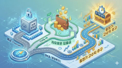 예금(안전성), CMA(유동성), IMA(중장기 수익성)의 특징을 세 갈래 길로 표현한 금융 상품 비교 인포그래픽