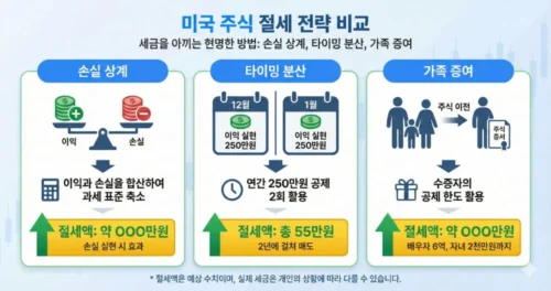 미국 주식 세금 절세 방법 비교 인포그래픽 - 손익통산 매도시점 분산 가족증여 전략별 절세 효과 차트