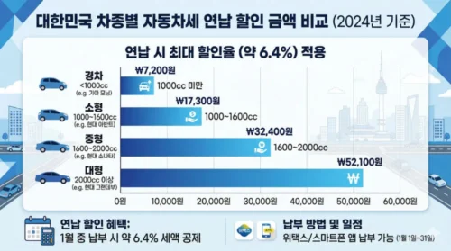 2026년 자동차세 연납 차종별 할인액 비교 인포그래픽