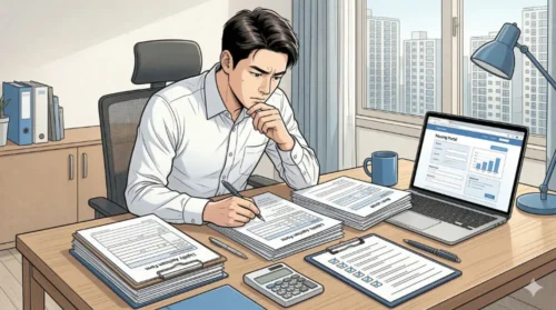 토지임대부 주택 청약 자격과 디딤돌 대출 조건을 검토하는 서류 중심의 비즈니스 만화풍 일러스트
