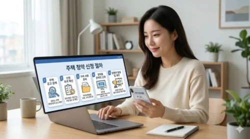 LH 청약플러스 신청 5단계와 결과 확인 절차를 설명하는 인포그래픽형 이미지