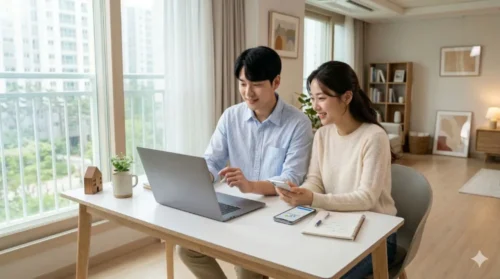 LH 청약플러스 이용방법 안내를 상징하는 대표 이미지, 노트북과 스마트폰으로 공공주택 청약 정보를 확인하는 한국인 청년 부부