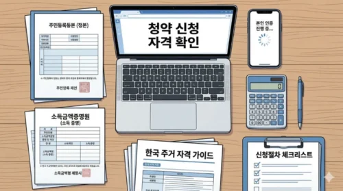 공공임대주택 입주 조건 확인을 위한 서류와 체크리스트를 정리한 책상 이미지