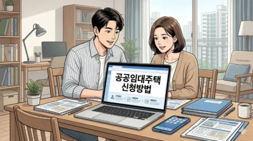 공공임대주택 신청을 준비하는 한국인 부부가 노트북과 스마트폰으로 주거 정보를 확인하는 대표 이미지
