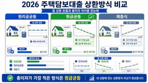 디딤돌대출 상환방식 비교 - 원리금균등·원금균등·체증식 월 납입액 변화와 총이자 계산 비교
