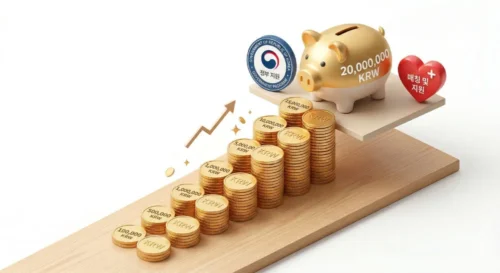 3D illustration of stacked coins forming a ladder towards a 20 million won goal, representing the high returns of the savings plan.