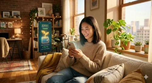 청년미래적금 계좌를 통한 재정적 성장을 상징하는, 스마트폰 위에서 자라나는 디지털 새싹을 바라보는 젊은이.