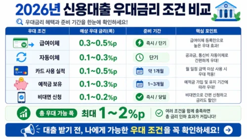 신용대출 우대금리 조건 2026 - 급여이체·자동납부·카드 실적·주거래 은행별 금리 절감 방법