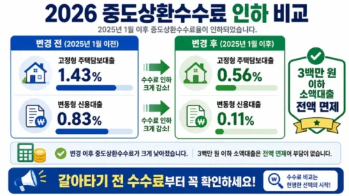 2026 중도상환수수료율 인하 비교 - 2025년 1월 기준 고정금리 주담대·신용대출 수수료율 변화
