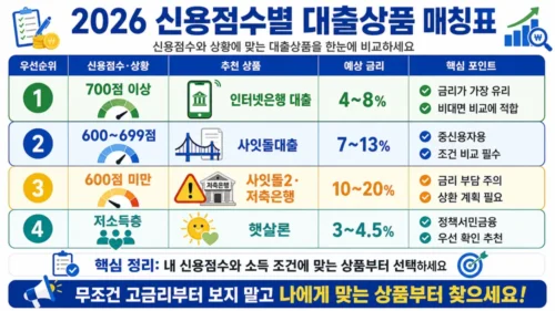 중금리 대출 비교 2026 - 사잇돌대출·인터넷은행·저축은행 신용점수별 금리·한도·조건 총정리