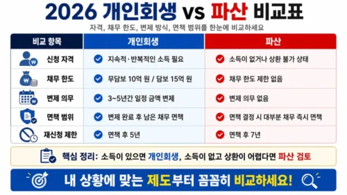 개인회생 vs 개인파산 차이 비교 2026 - 신청 조건·변제금·면책 범위·소요 기간 한눈에 비교